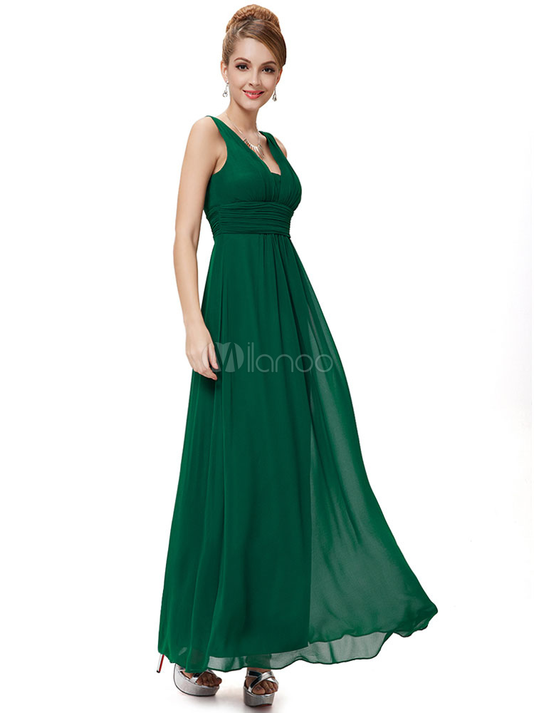 Chiffon Hunter Green Long V Neck Pleated A Line Floor Length Bridesmaid Dress