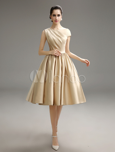 Gold Champagne Pleated Satin Bridesmaid Dress
