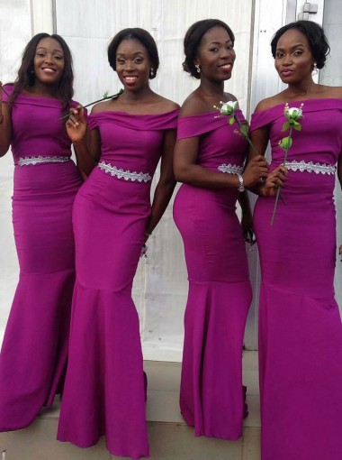 Mermaid Off-the-Shoulder Fuchsia Satin Bridesmaid Dress with Beading