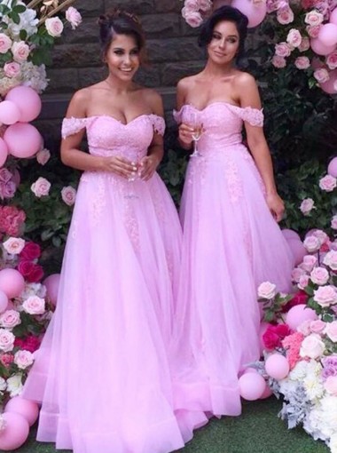 A-Line Off-the-Shoulder Pink Tulle Bridesmaid Dress with Appliques