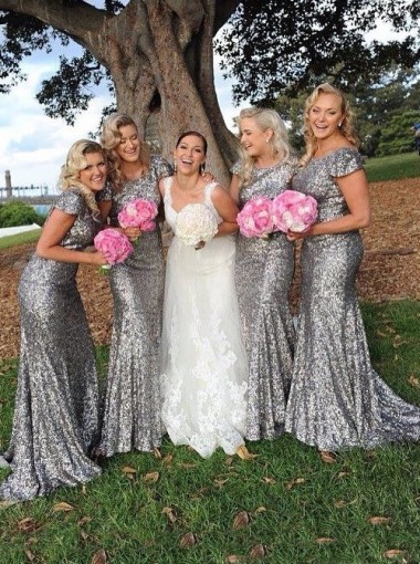 Sheath Scoop Cap Sleeves Sweep Train Silver Sequined Bridesmaid Dress