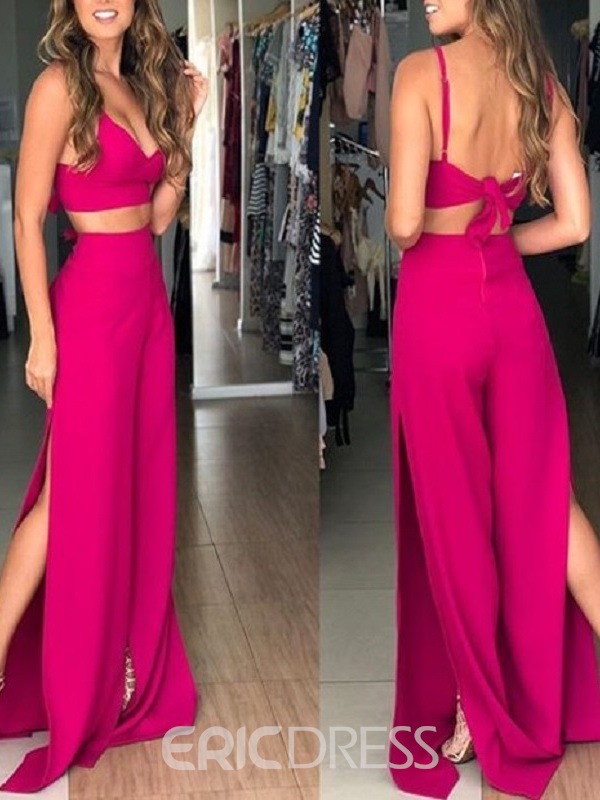 Column Spaghetti Straps 2 Pieces Bridesmaid Dress