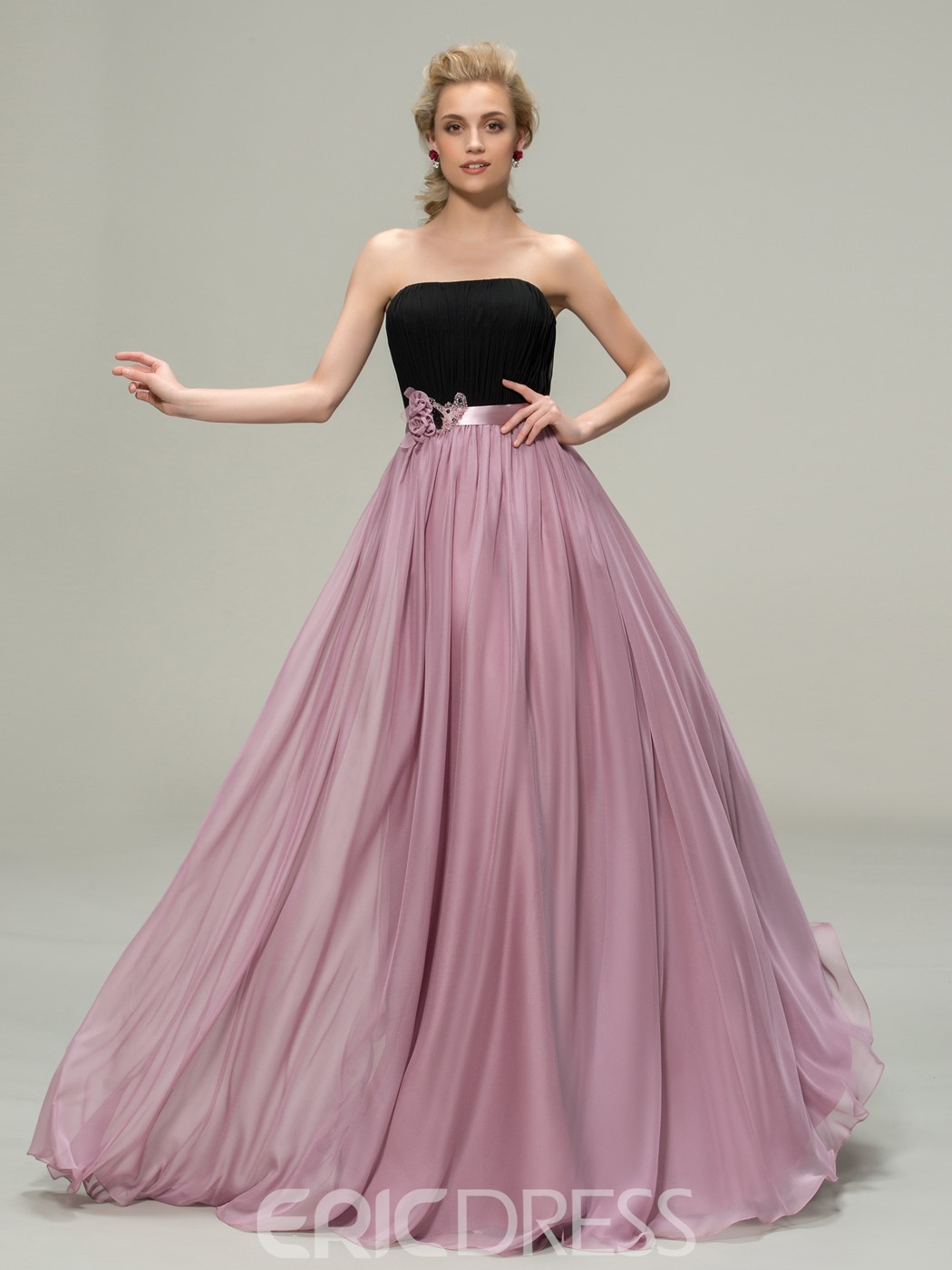 Purple and Black Strapless Flowers Beading Bridesmaid Dress