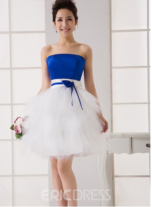 Beautiful Blue and White A-Line Strapless Short Bridesmaid Dress