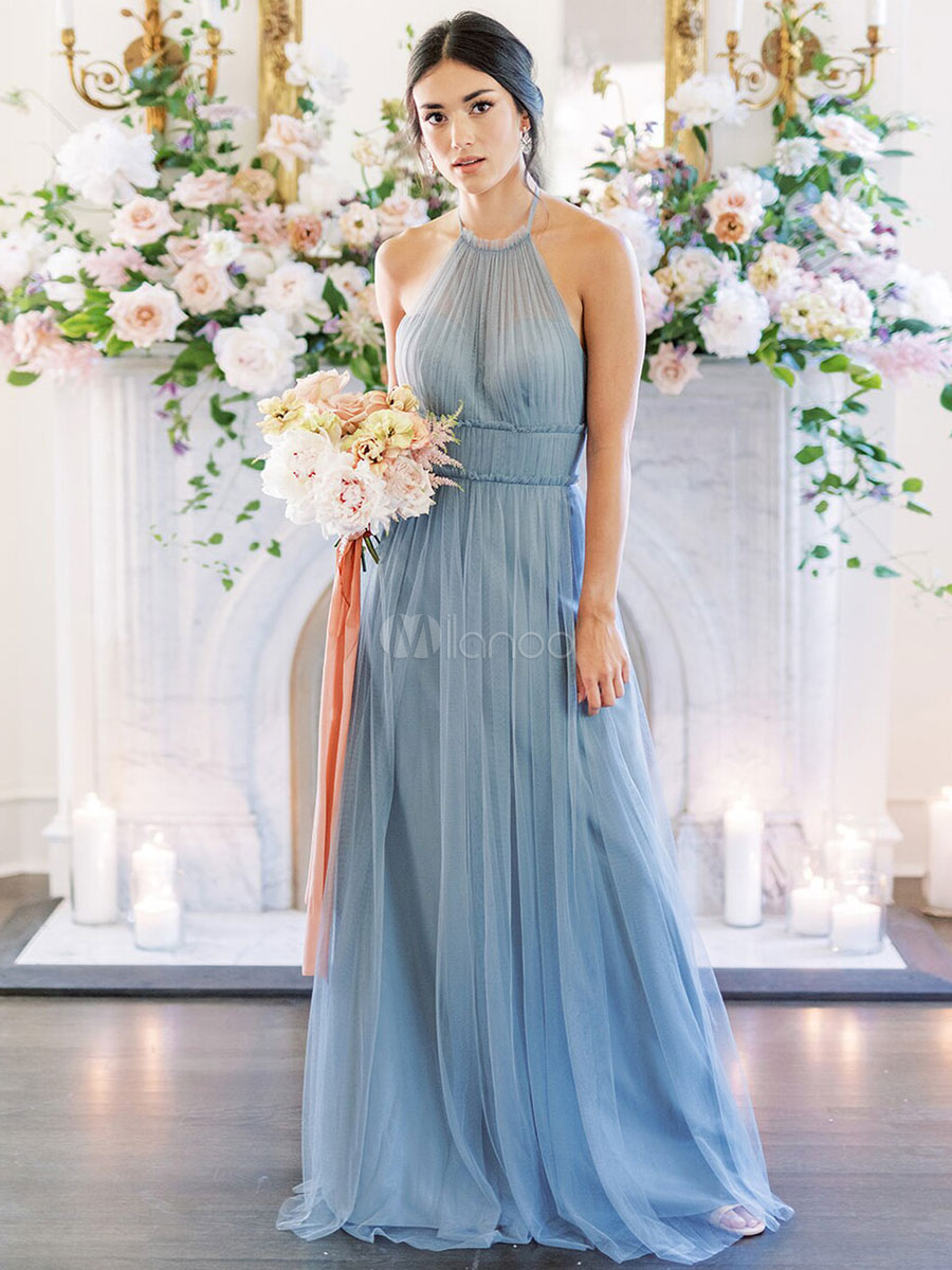 Blue Bridesmaid Dress A-Line Sleeveless Jewel Neck Zipper Floor-Length