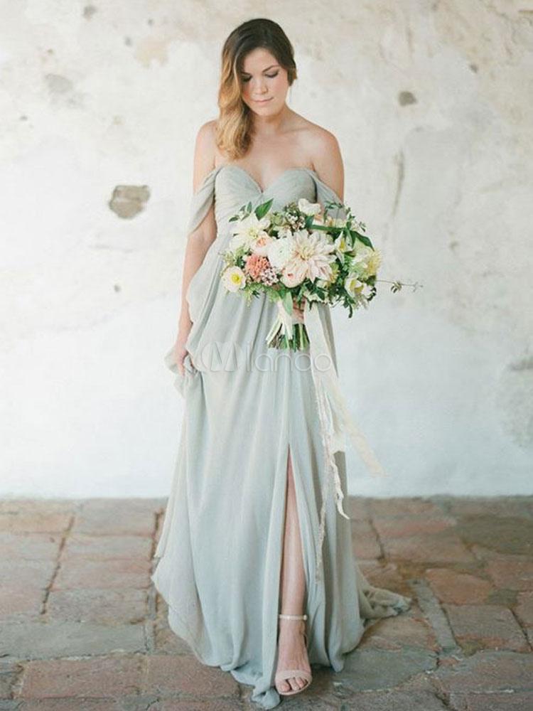 Chiffon A Line Sweet Heart Off The Shoulder Short Sleeve Split Front Bridesmaid Dress