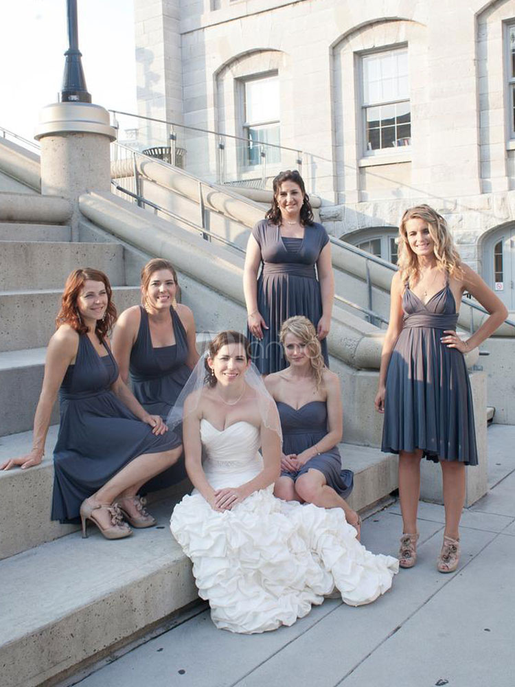 Grey Blue Lycra Spandex A-Line Sleeveless Backless Halter V-neck One Shoulder Long Bridesmaid Dress