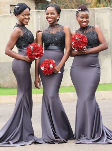Mermaid High Neck Grey Satin Bridesmaid Dress with Lace Appliques