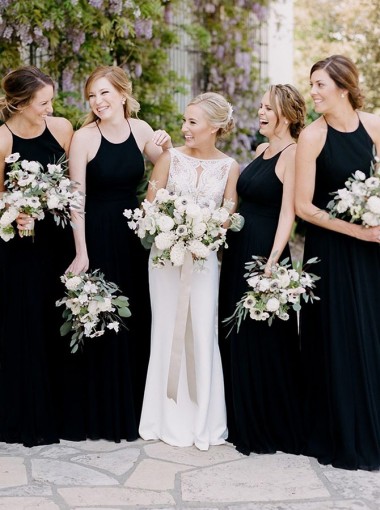 Sheath Round Neck Sleeveless Floor Length Black Chiffon Bridesmaid Dress