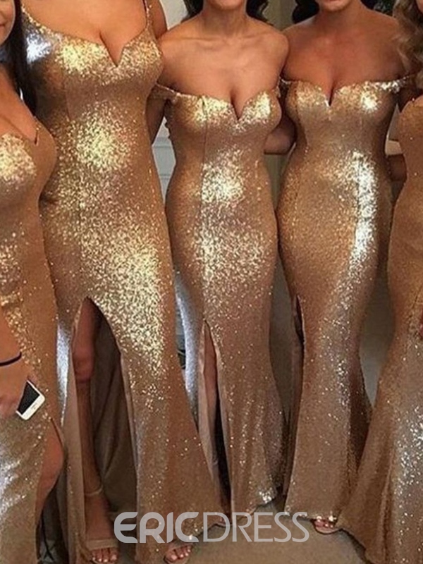 Gold Split-Front Sequin Mermaid Bridesmaid Dress