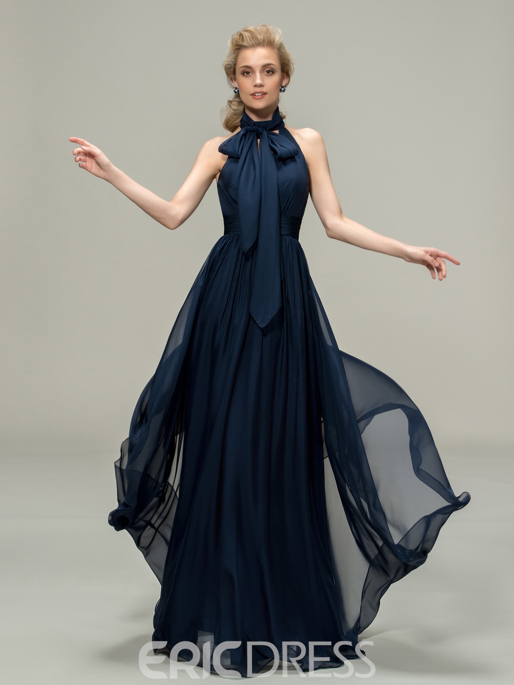 Navy Blue Classy High Neck Sleeveless A-Line Long Bridesmaid Dress