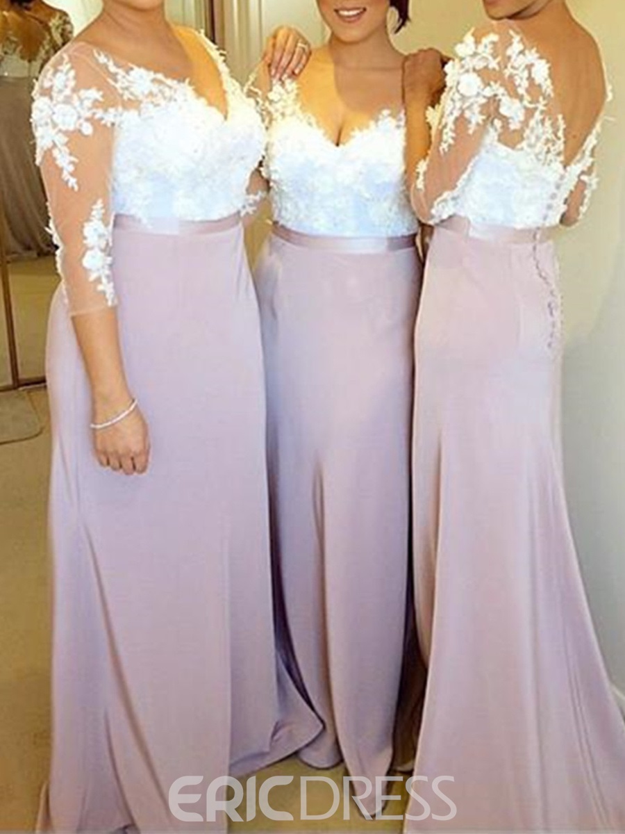 White and Pink V Neck Appliques Sheath Bridesmaid Dress