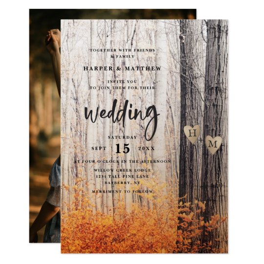 brown wedding invitations, The Two Lovers Carved Trees Fall Forest Wedding Invitation, Tree Wedding Invitations, Rustic Wedding Invitations