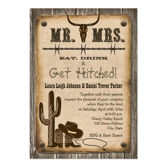 brown wedding invitations, rustic wedding invitations, cactus wedding invitations, Rustic Wooden Western Style Wedding Invitation