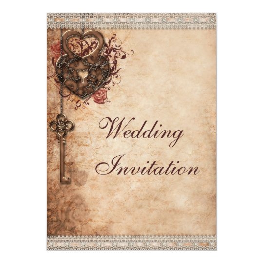 brown wedding invitations, lock and key wedding invitations, vintage wedding invitations, Vintage Hearts Lock and Key Wedding Invitation