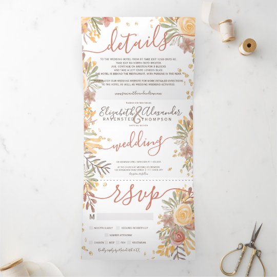 brown wedding invitations, romantic wedding invitations, Modern  terracotta chic floral gold wedding Tri-Fold invitation