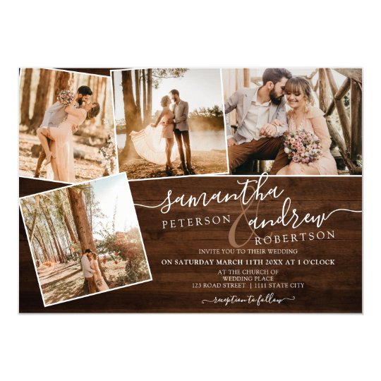 brown wedding invitations, photo collage wedding invitations, Rustic brown wood winter script 5 photos wedding invitation
