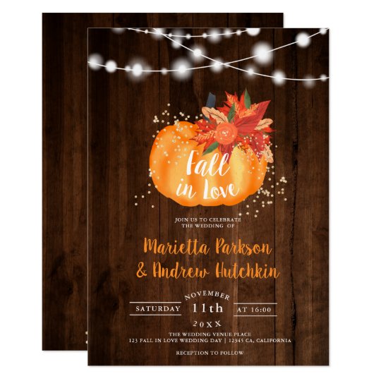 Rustic gold floral wood light fall in love wedding invitation