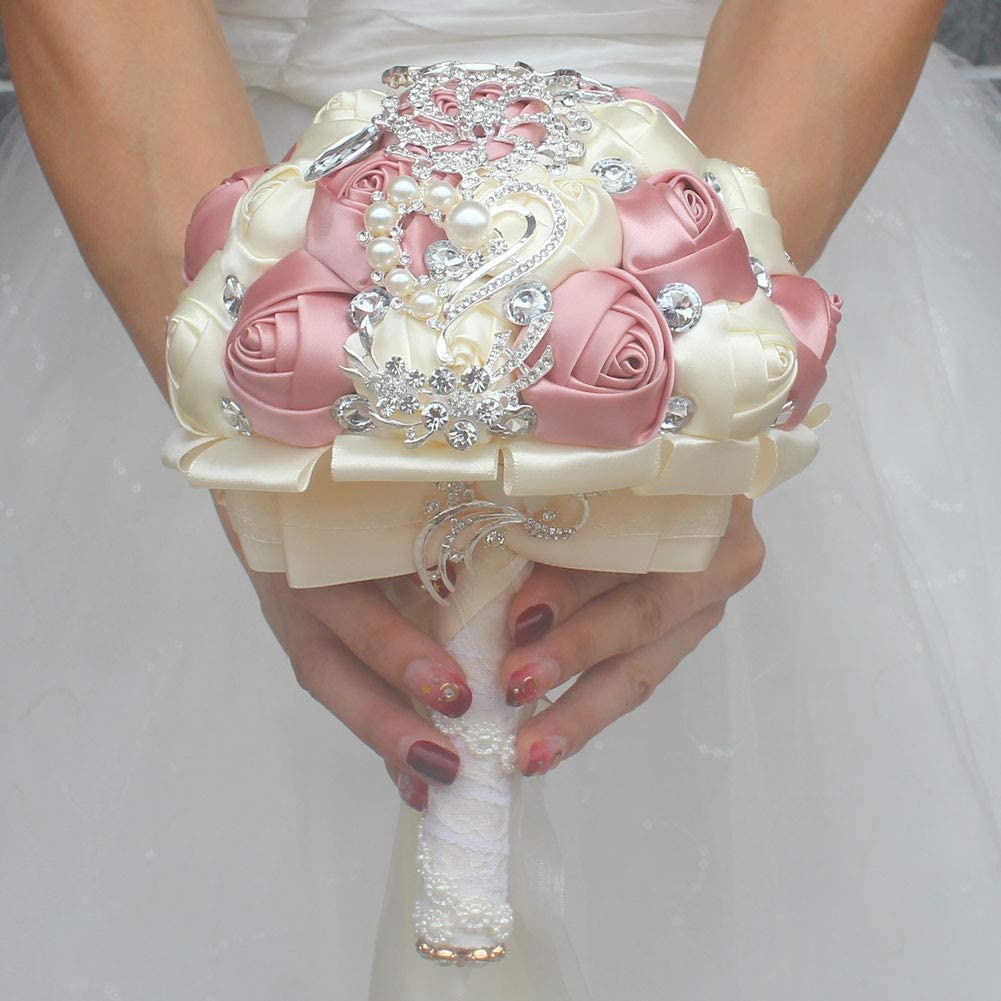 Ivory and Pink Satin Rose and Peony Jeweled Wedding Bouquet