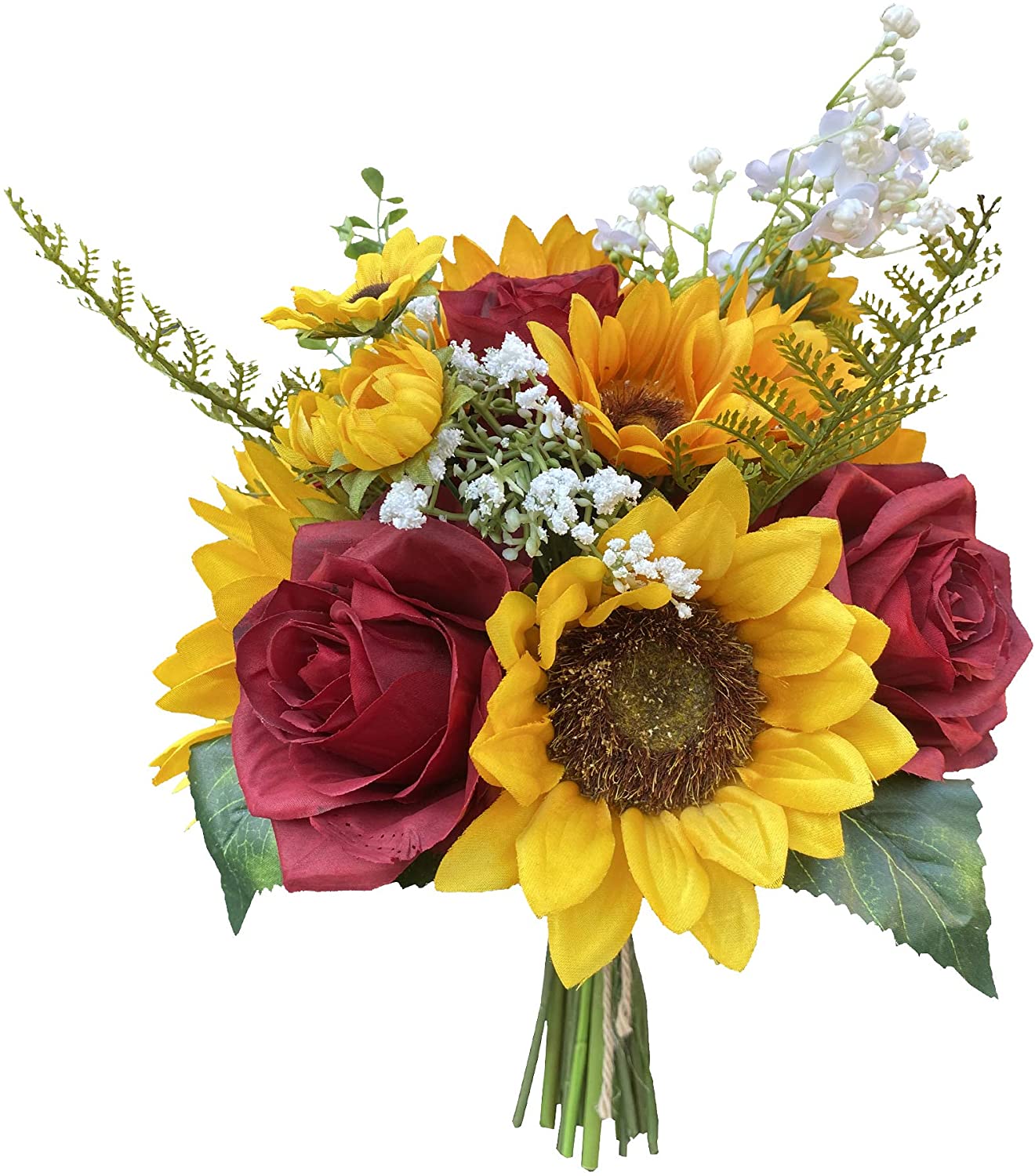 Artificial Silk Flower Burgundy Roses and Sunflower Bouque