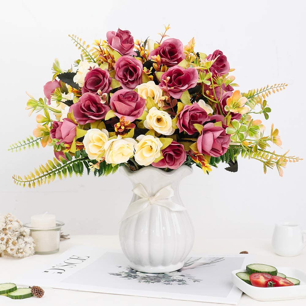 Artificial Silk Violet and Yellow Flowers  with Vase Silk