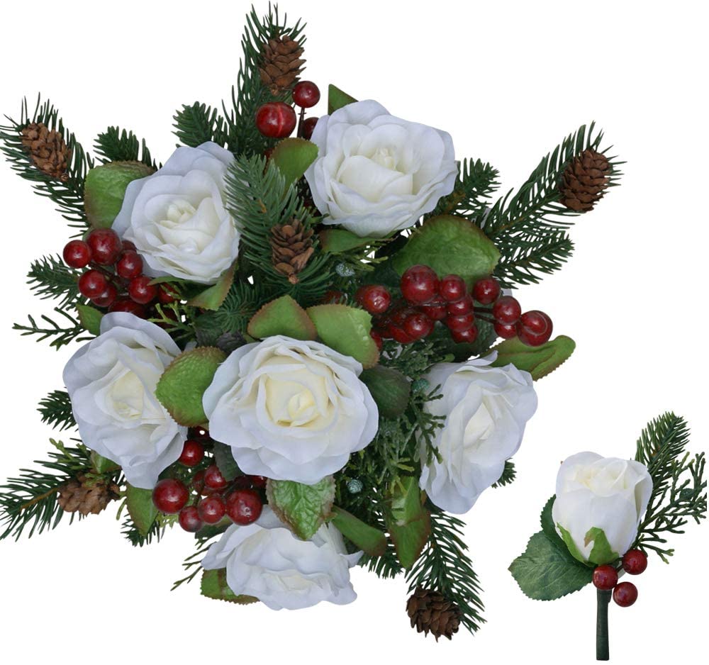 Winter Berry Rose Bridal Bouquet + Matching Boutonniere