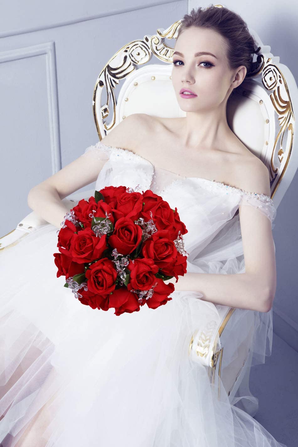 Red roses Wedding Bouquet With Crystal Jewelry