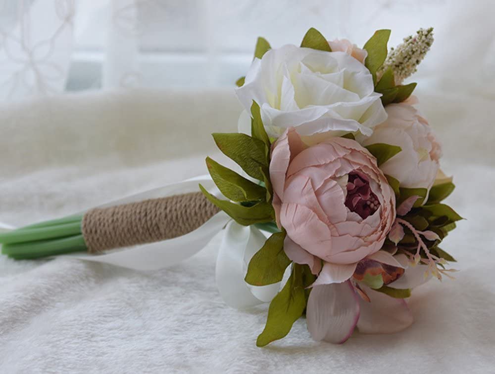 Vintage Bridesmaid Wedding Bouquet, Artificial Silk Roses and Peony