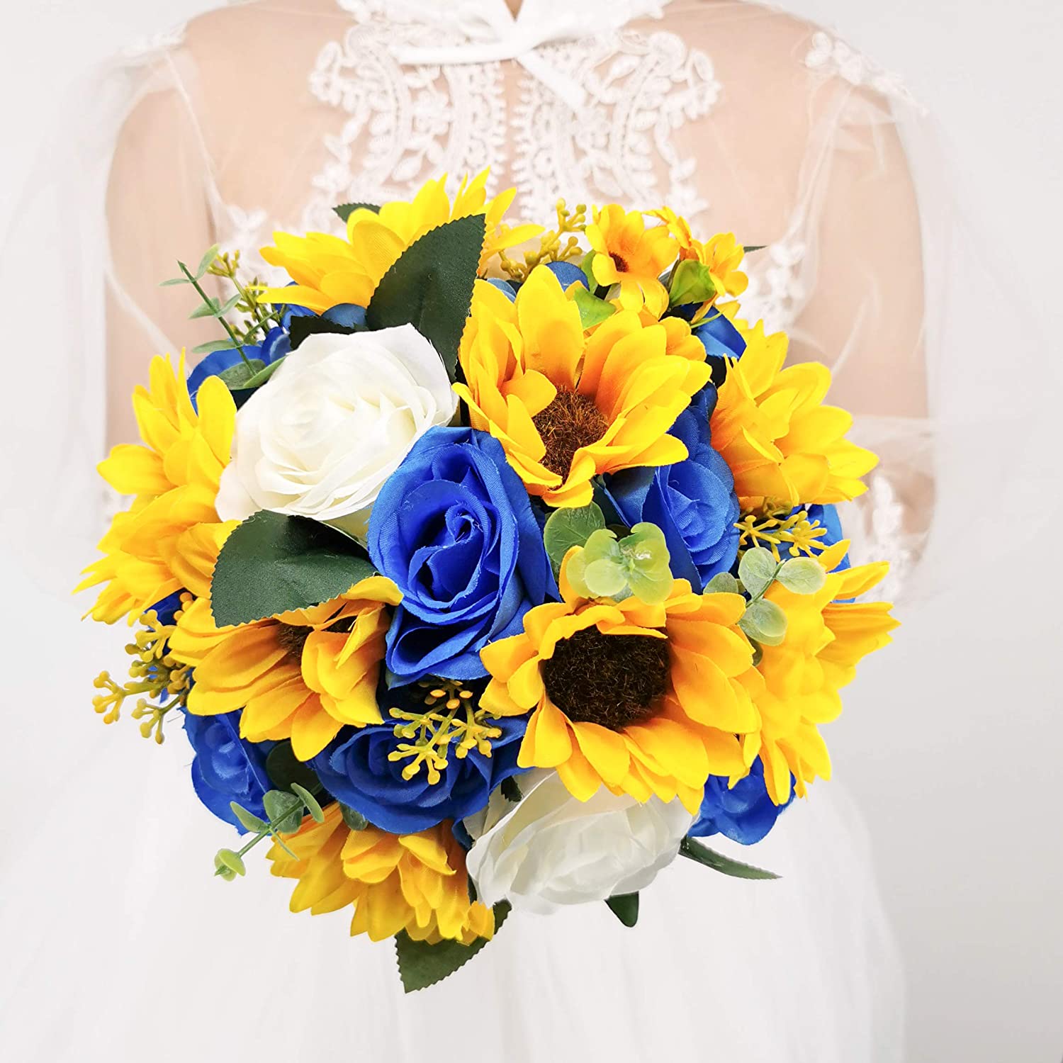 Artificial Rustic  Blue Roses and Yellow Sunflower Bridal Bouquet