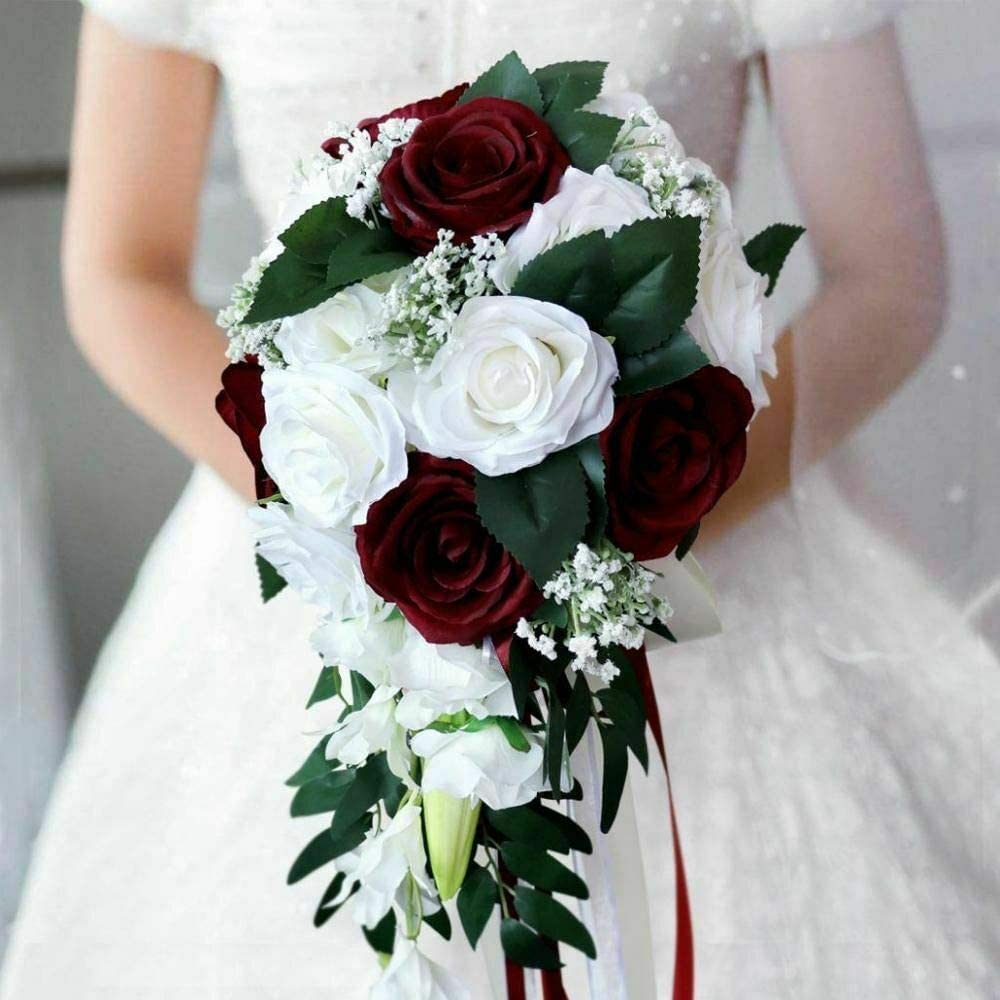Burgundy and White Rose Cascading Wedding Bridal Waterfall Bouquet with Green Leaves Decorations
