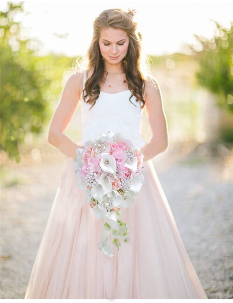 Pink and White Calla Lilies Simulation Rose Diamonds and Pearl Bridal Bouquet