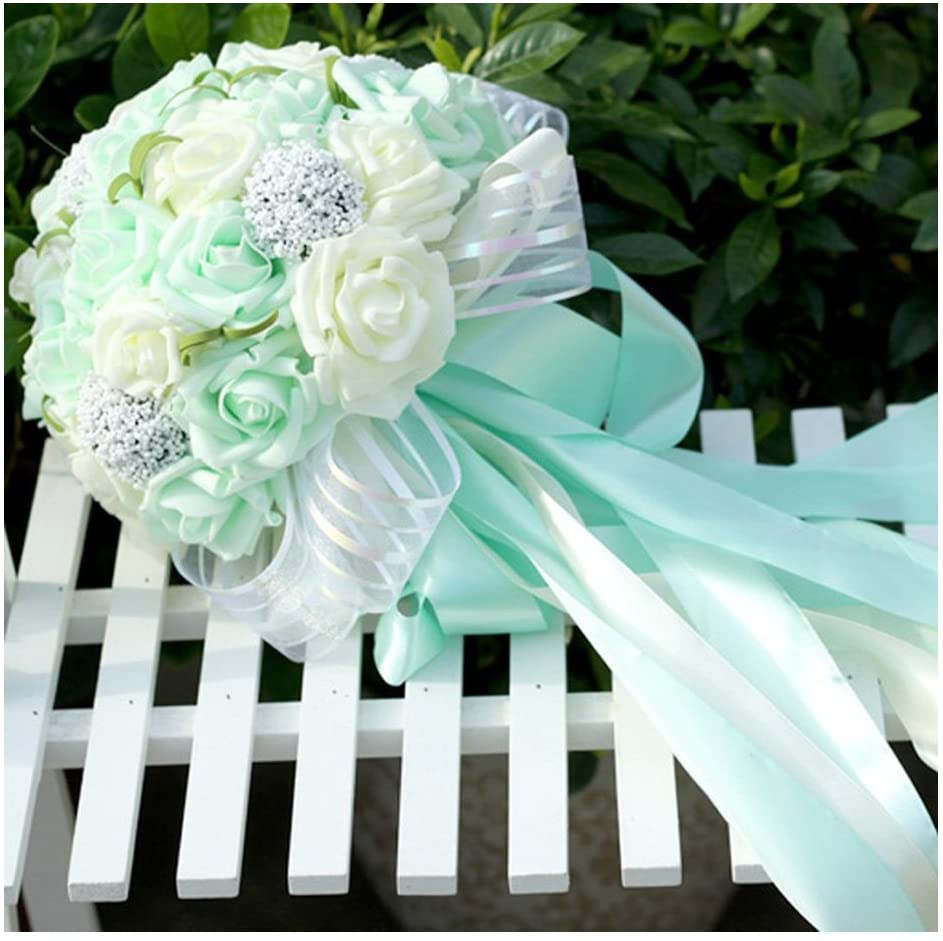 Handmade Satin White and Mint Roses Bouquet With Crystal Brooch