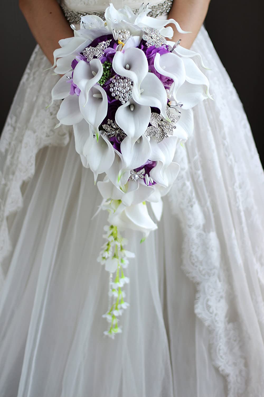 Purple and White Callie Lily Waterfall Bouquet with Bouquet Jewelry