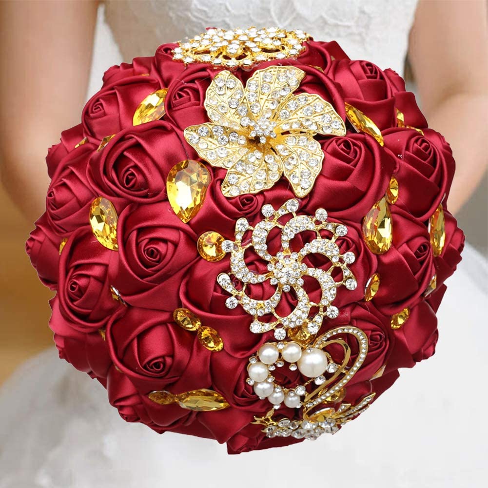 Dark Red Wedding Bouquet with Rhinestone Brooch Flowers and Diamond Pearl Ribbon