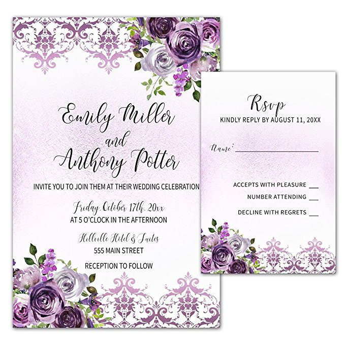 budget wedding invitations, Purple Plum Lavender Damask Floral Design wedding invitations, Wedding Invitation Kits