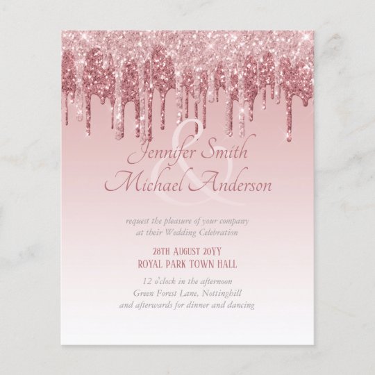 budget wedding invitations, rose gold wedding invitations, pink wedding invitations, Rose Gold Dripping Glitter Wedding Invitation