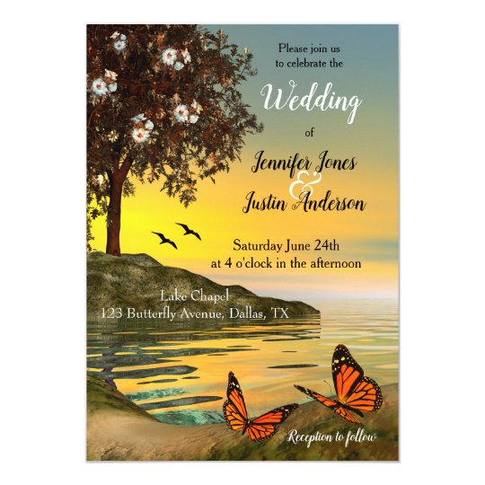 butterfly wedding invitations, sunset wedding invitations, garden wedding invitations, Artistic Sunset Lake Butterfly Wedding Invitation