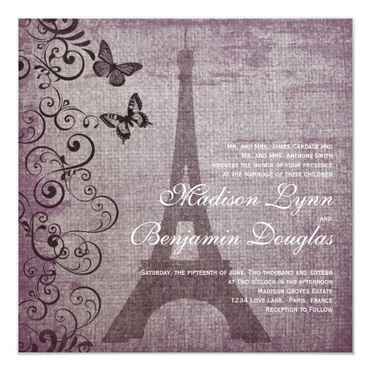 Butterfly Wedding Invitations, Vintage Eiffel Tower Butterfly Wedding Invitations, Eiffel Tower Wedding Invitations, Vintage Wedding Invitations