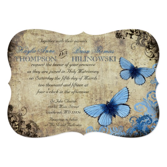 butterfly wedding invitations, Blue Butterfly Vintage Wedding Invitation