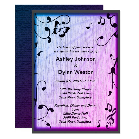 butterfly wedding invitations, Music, Butterfly, Leaves, Blue & Purple Wedding Card