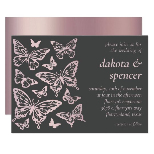 butterfly wedding invitations, modern wedding invitations, pink and gray wedding invitations, Blush Rose Pink and Gray Invitation