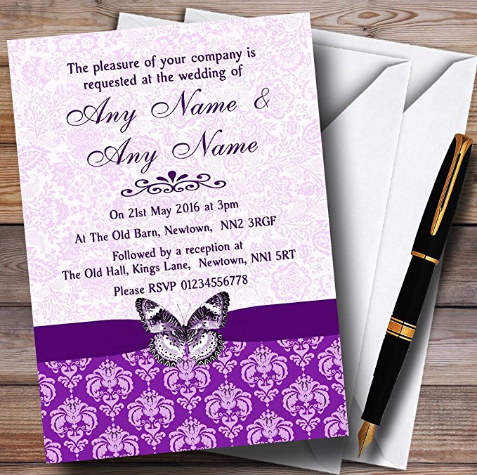 butterfly wedding invitations, Purple Vintage Floral Damask Butterfly Personalized Wedding Invitations