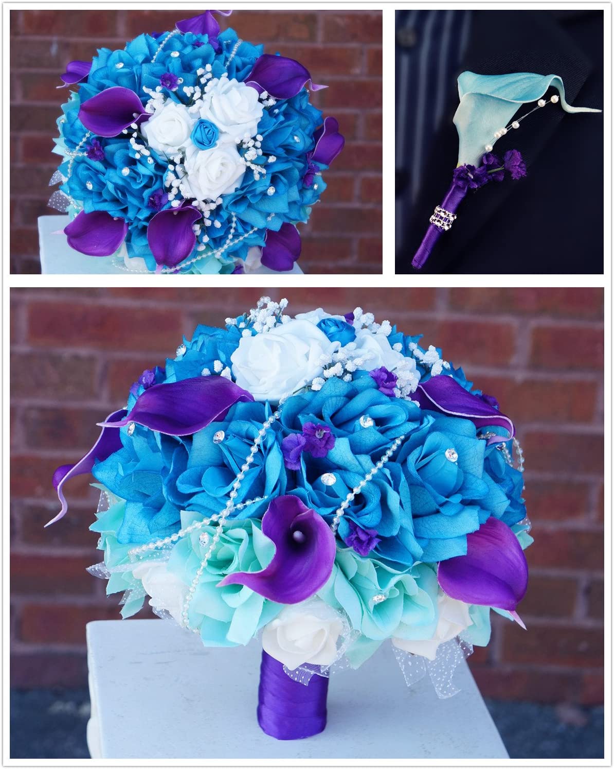Wedding Bouquet & Boutonniere - Turquoise, Purple, Aqua, White Rose Calla Lily