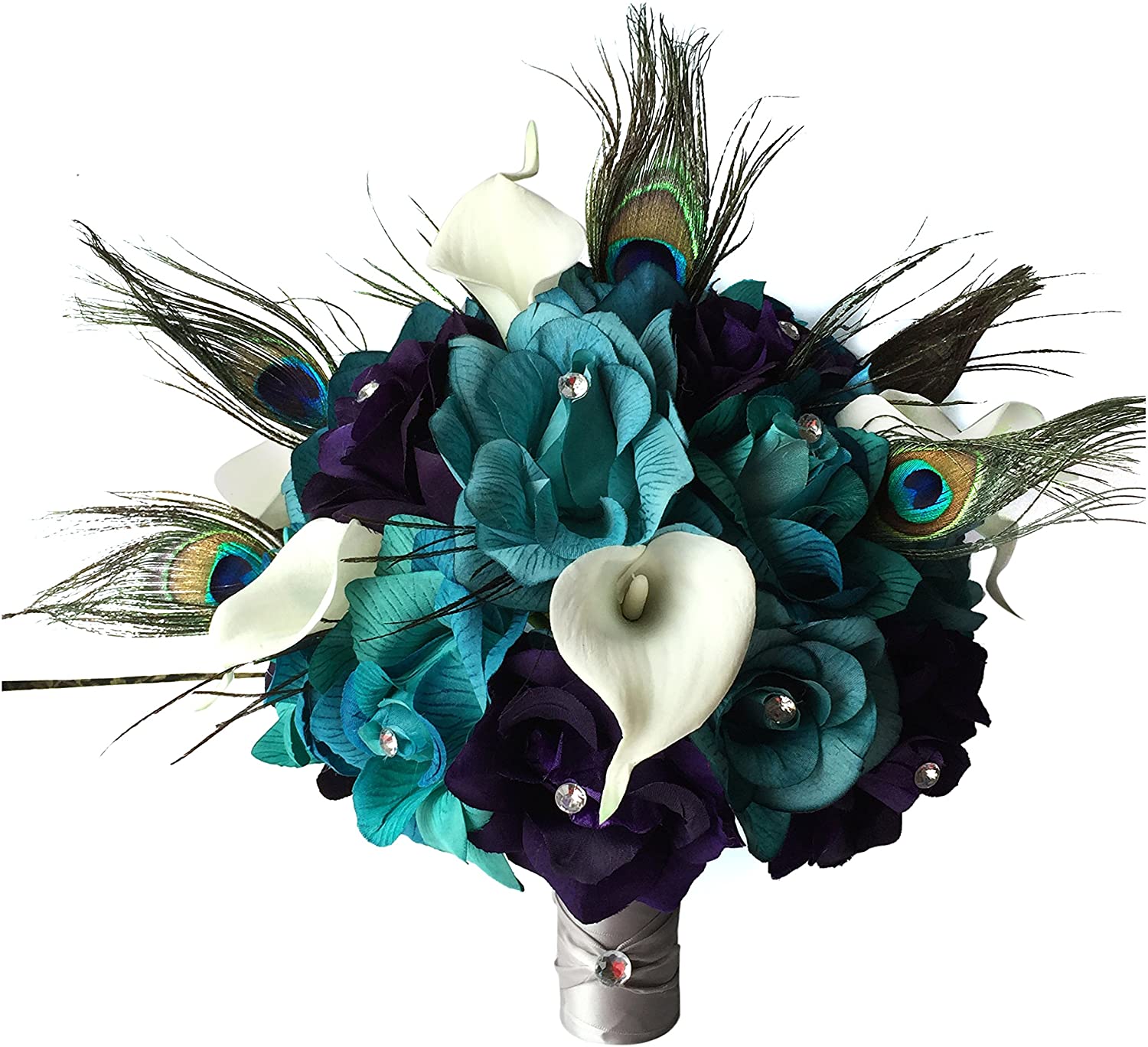 Large Teal,Eggplant Purple Open Roses,Calla Lily,Peacock Feather Wedding Bouquet