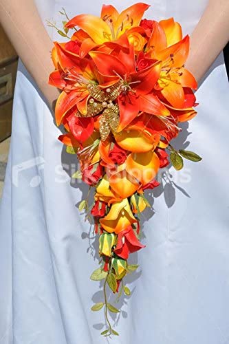 Gorgeous Flame Orange Oriental Lily, Calla Lily and Rose Cascade Bouquet w/ Crystal
