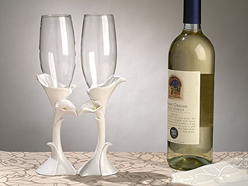 calla lily toasting glasses, calla lily wedding champagne glasses