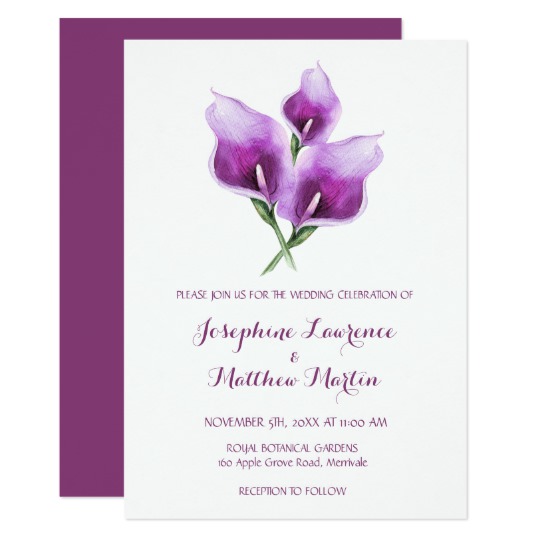 calla lily wedding invitations, purple calla lily wedding invitations, modern wedding invitations