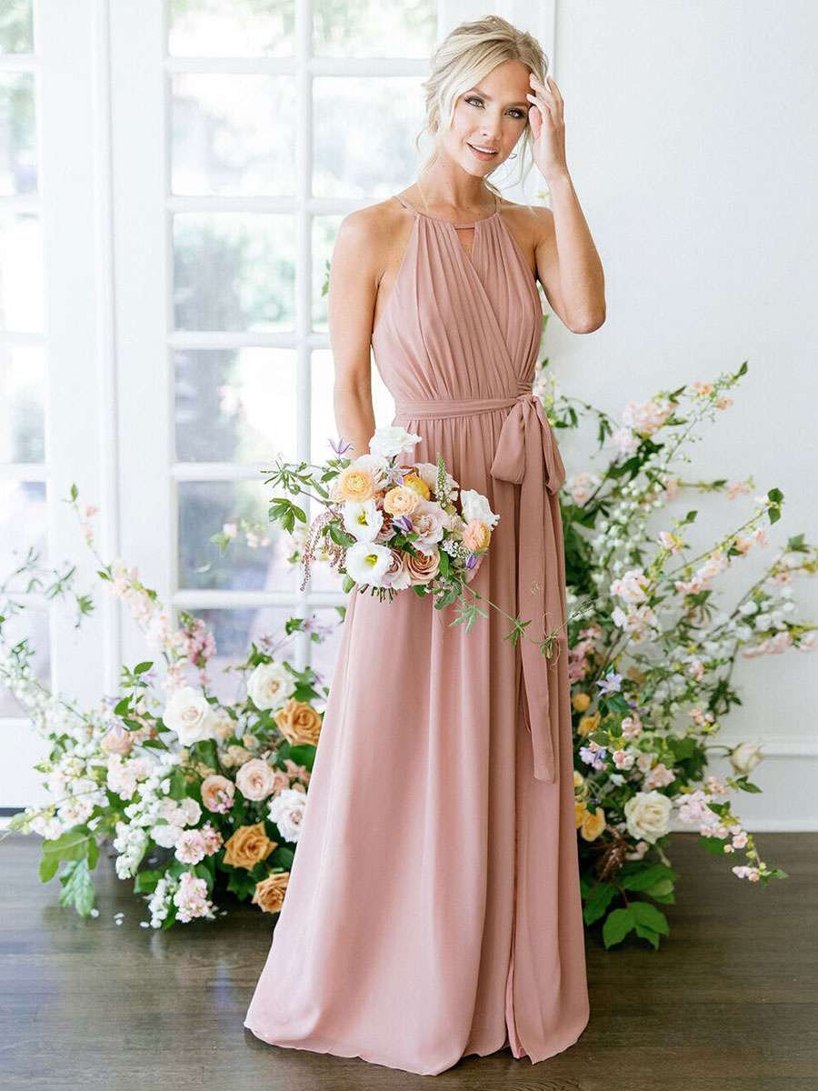Cameo Pink A-Line Jewel Neck Backless Sleeveless Chiffon Bridesmaid Dress
