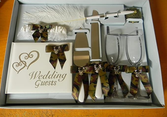 Wedding Camo Deer Hunter Hunting guest book Pen Cake Knife Champagne Glasses 8 psc