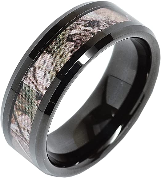 8mm Men's Tungsten Ring Real Oak Camouflage Black Plated Wedding Band